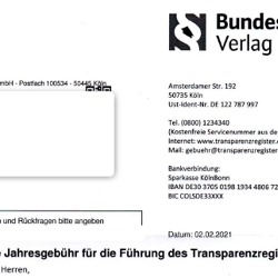 Bescheide über die Jahresgebühr für die Führung des Transparenzregister